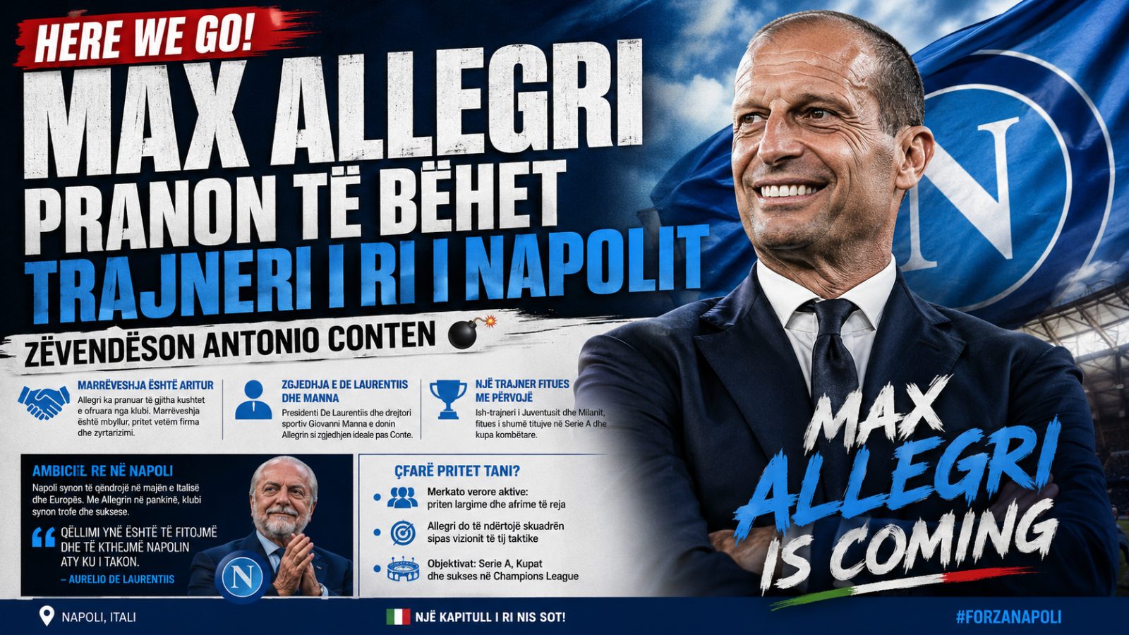 HERE WE GO! MAX ALLEGRI PRANON TË BËHET TRAJNERI I RI I NAPOLIT
