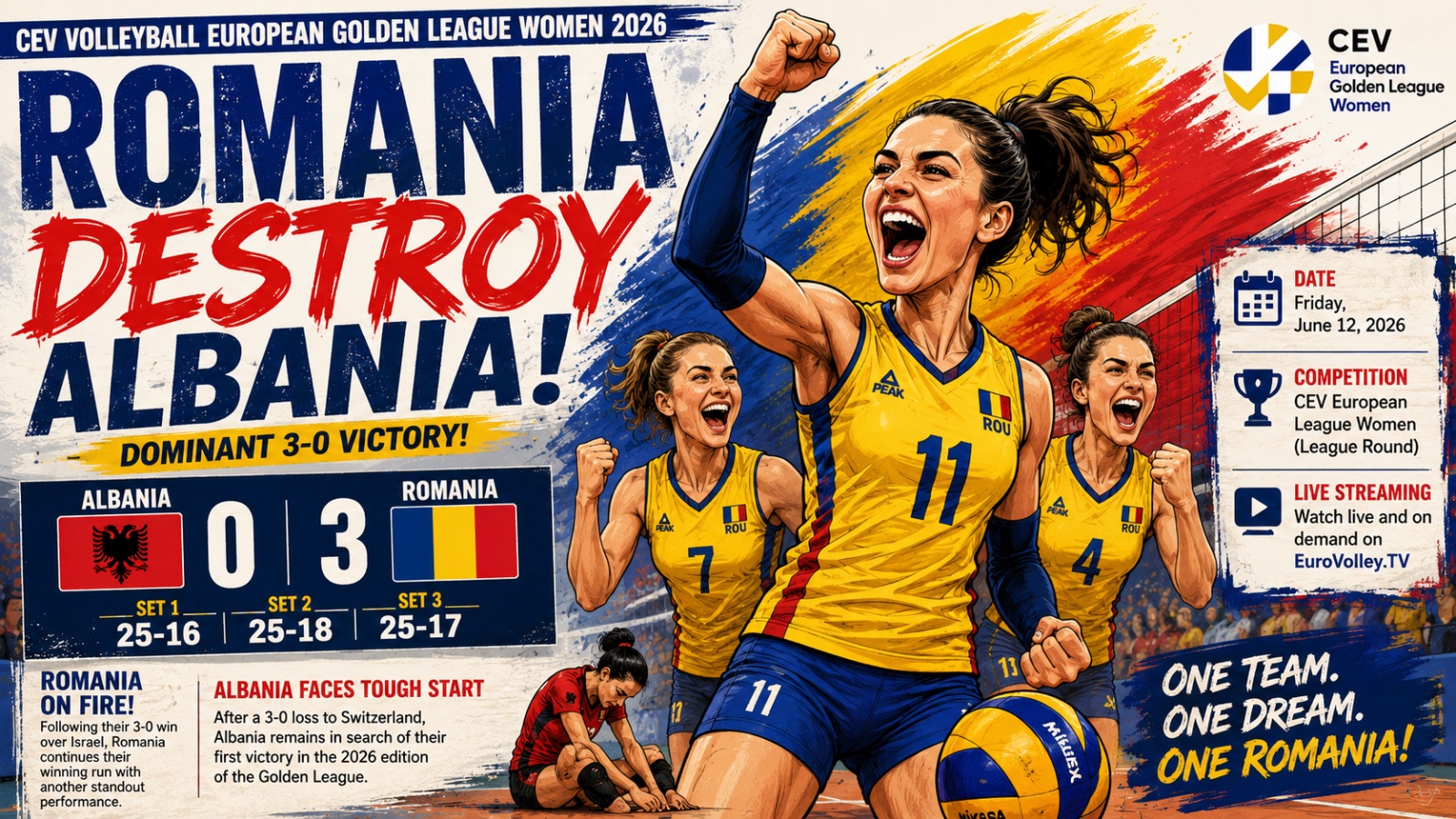 Romania Too Strong for Albania in Straight-Sets Victory at CEV Golden League
