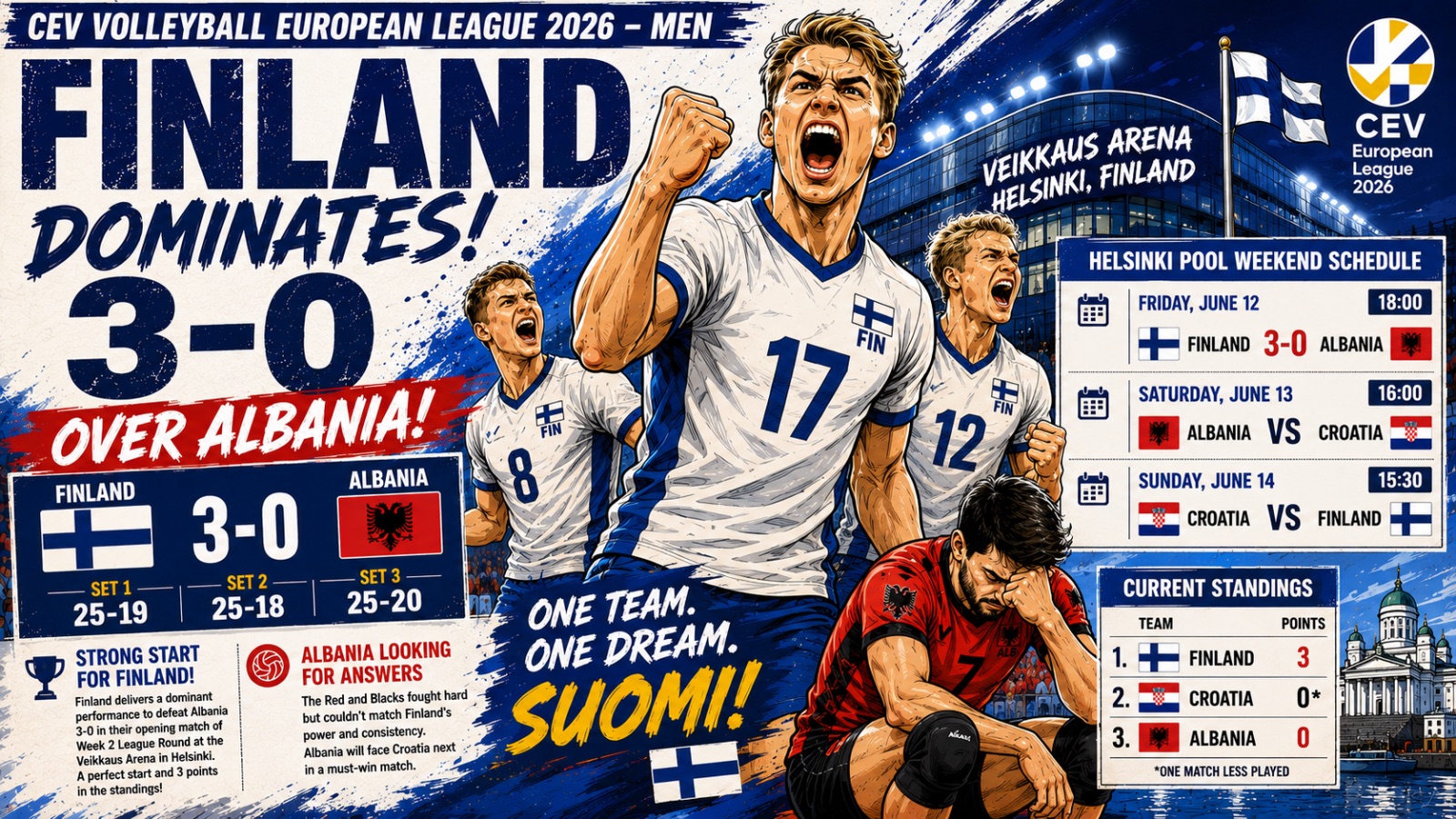 Finland Dominates Albania in Helsinki, Secures Straight-Sets Victory in European League