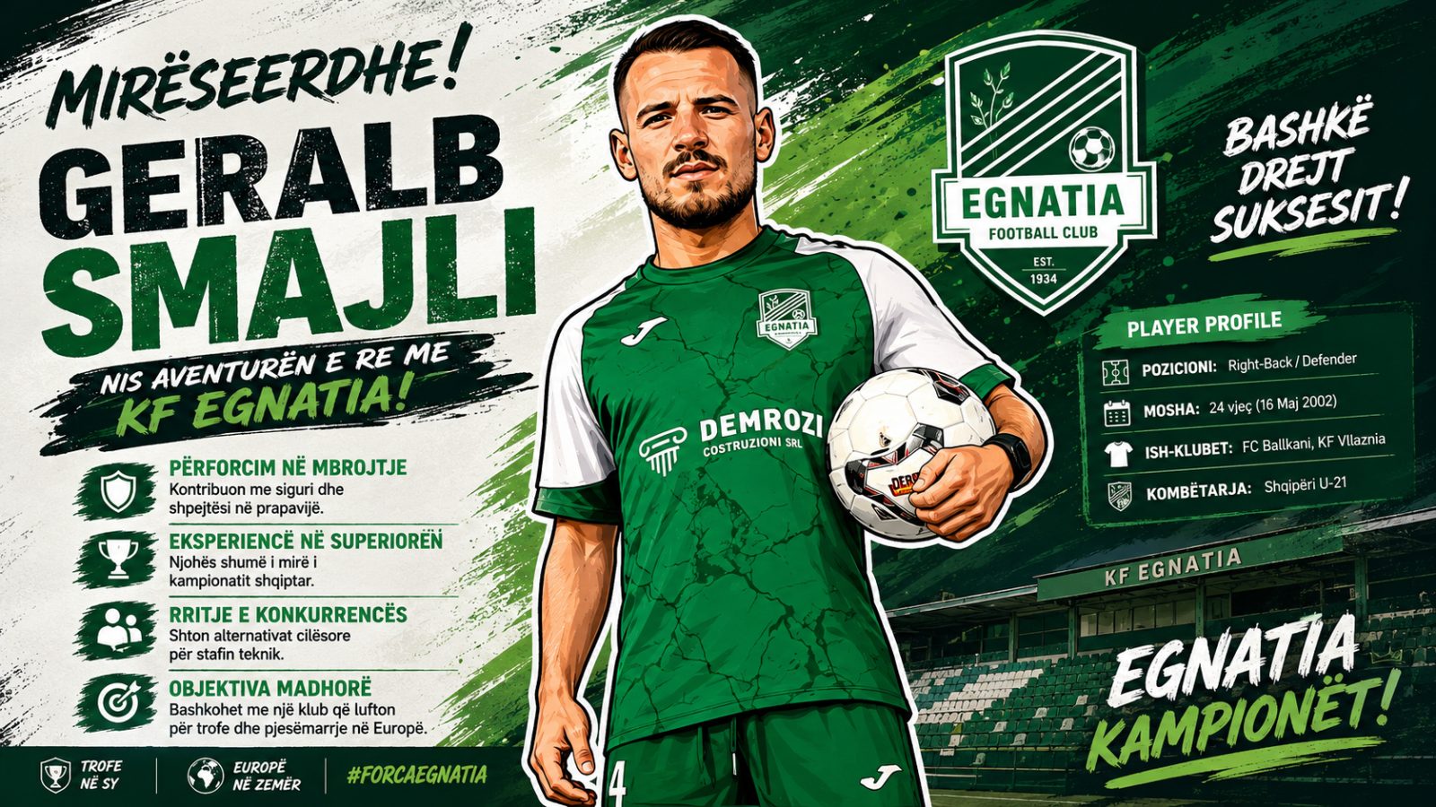 Geralb Smajli, përforcimi i ri i Egnatias: Kampionët sjellin siguri dhe eksperiencë në krahun e djathtë