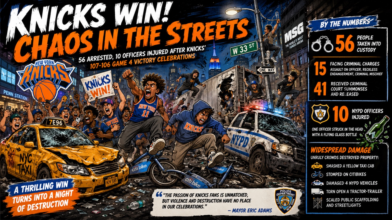 Knicks Victory Celebration Turns Chaotic as 56 Arrested, 10 Officers Injured