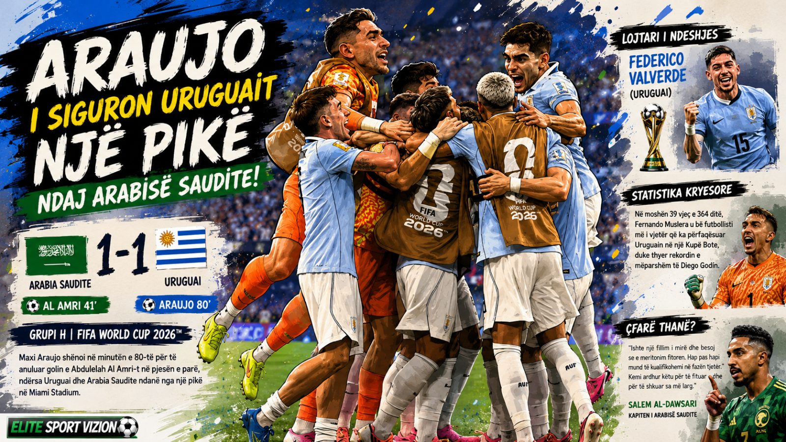Araujo i siguron Uruguait një pikë ndaj Arabisë Saudite