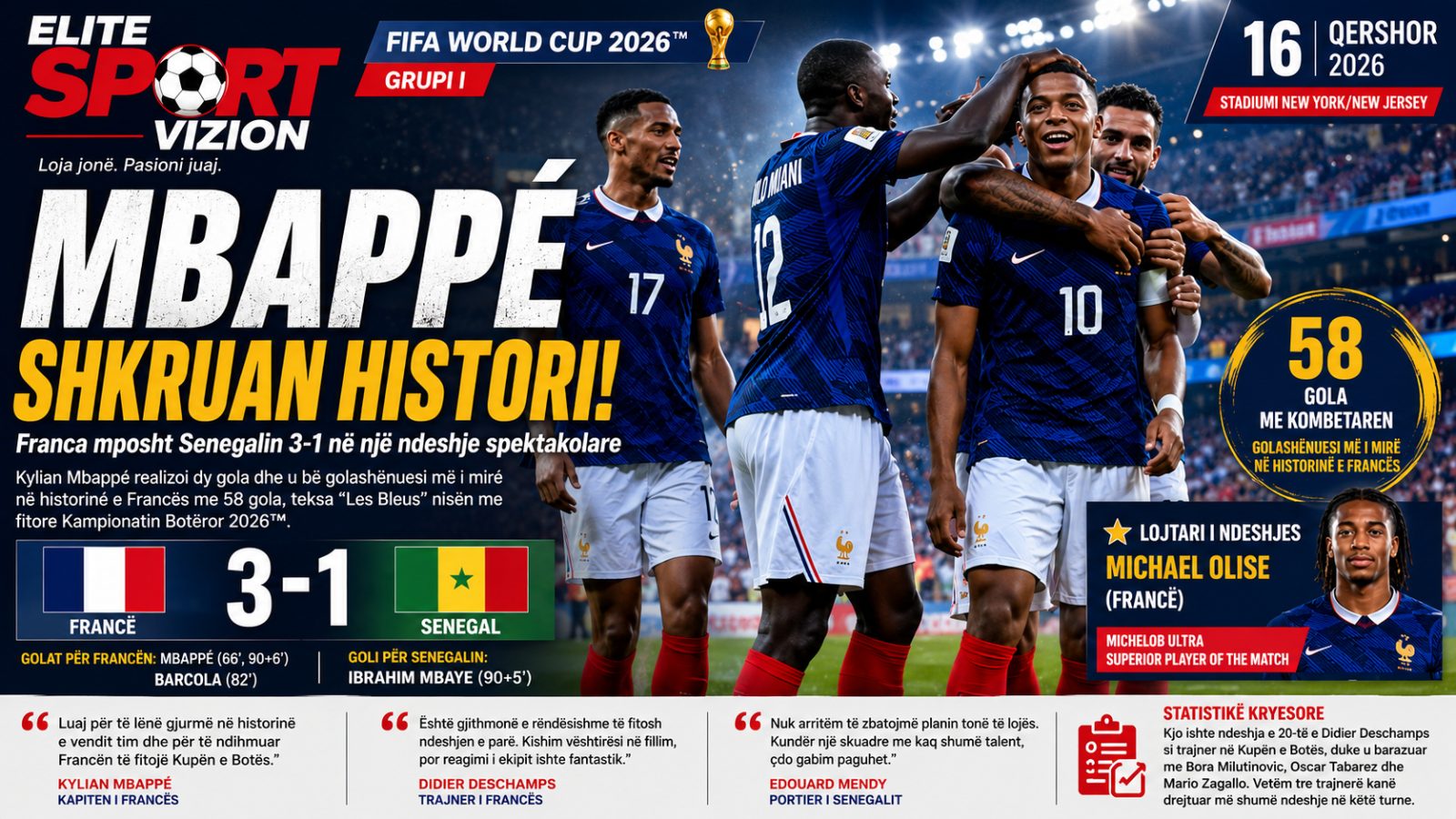 Mbappé shkruan histori, Franca mposht Senegalin 3-1 në një ndeshje spektakolare