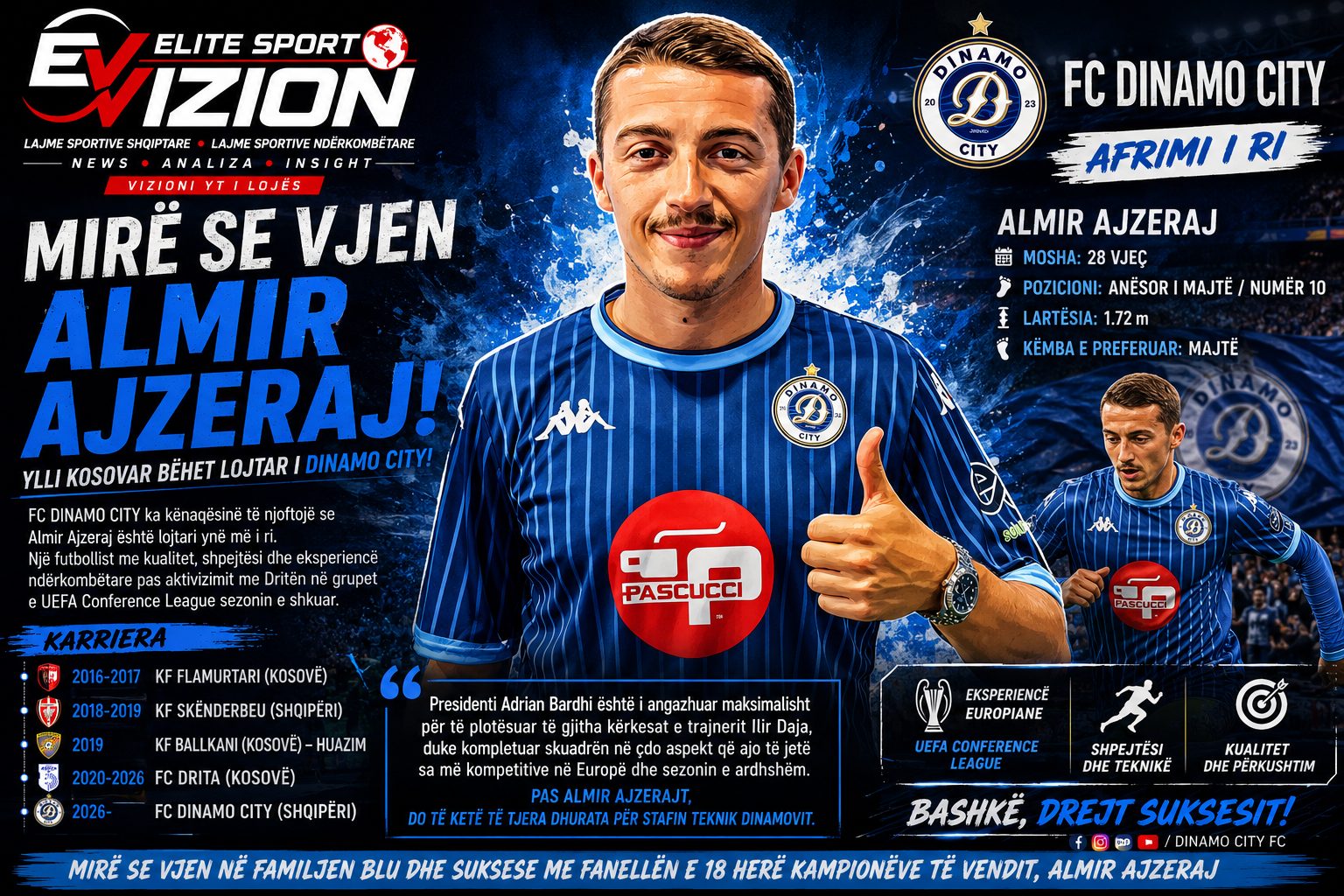 DINAMO CITY GODITJE NË MERKATO: ALMIR AJZERAJ VESH FANELLËN BLU
