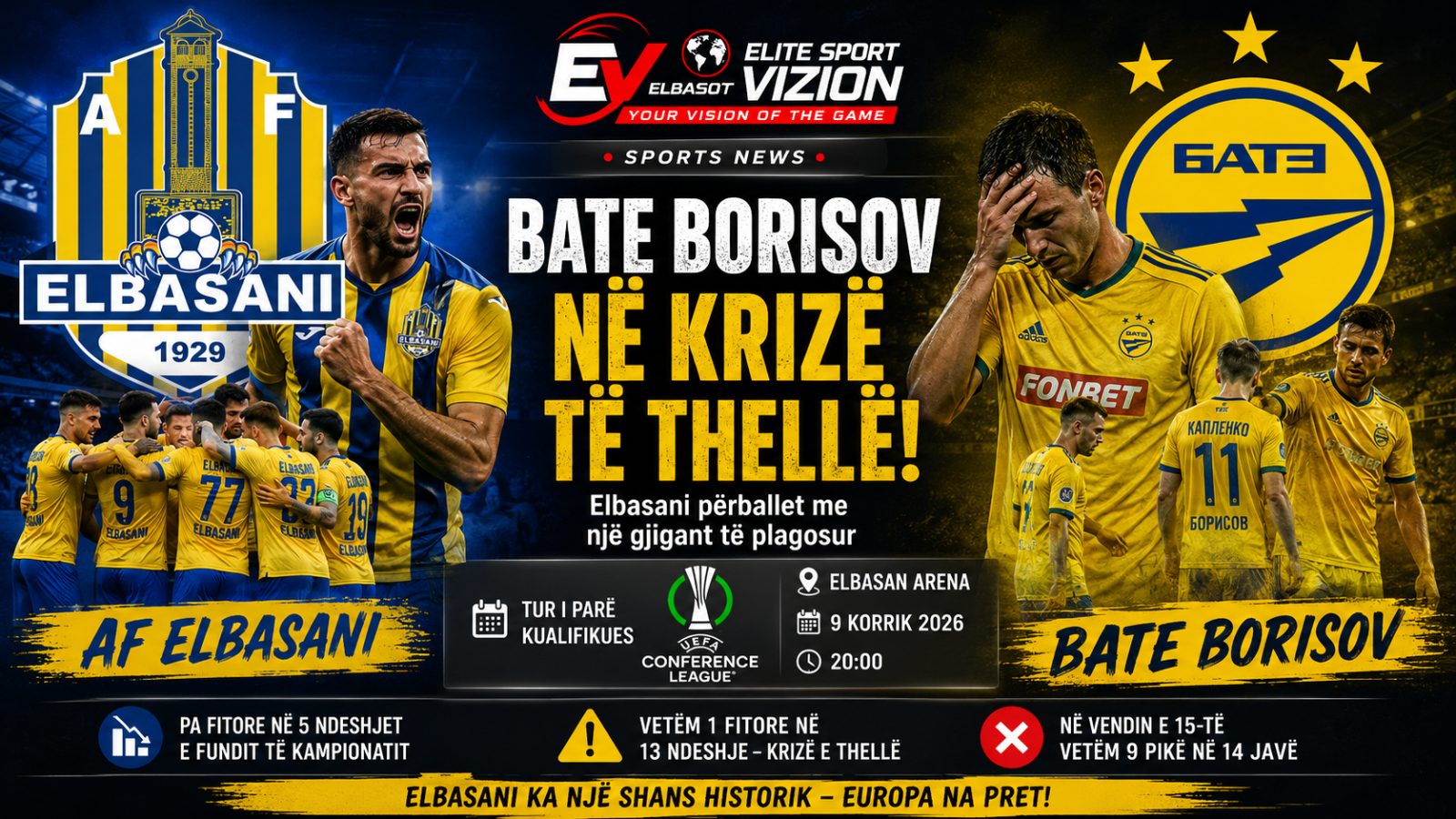 BATE BORISOV NË KRIZË TË THELLË! Elbasani përballet me një gjigant të plagosur