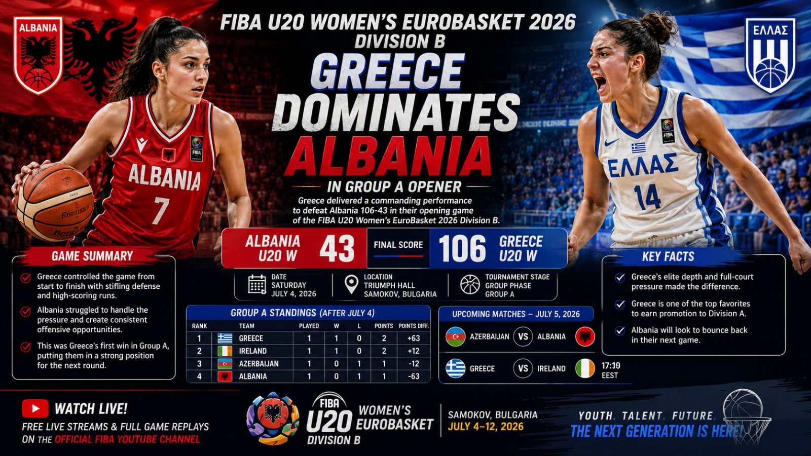 Greece Overpowers Albania in FIBA U20 Women's EuroBasket Division B Opener