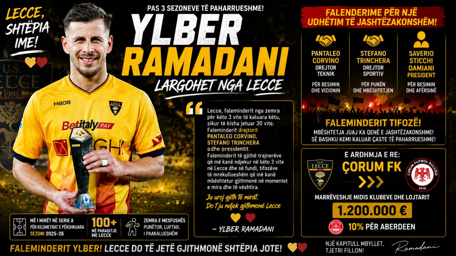 Ylber Ramadani i jep lamtumirën Lecces, gati për aventurën e re në Turqi