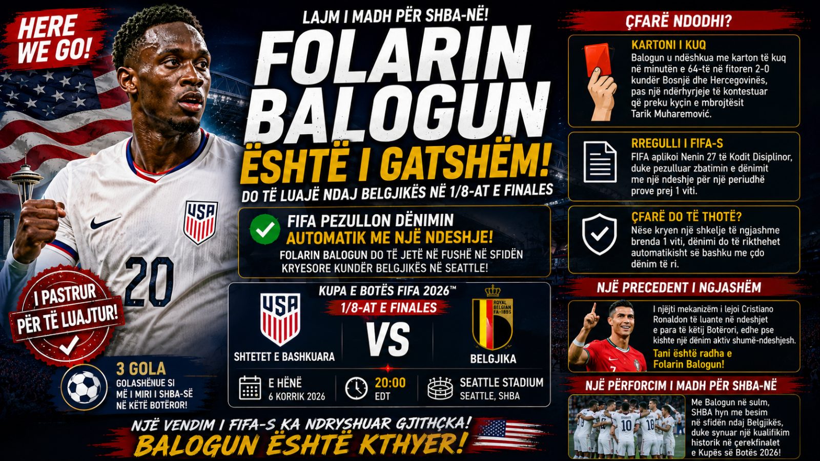 USA. FIFA i jep dritën jeshile Folarin Balogun, sulmuesi do të luajë ndaj Belgjikës