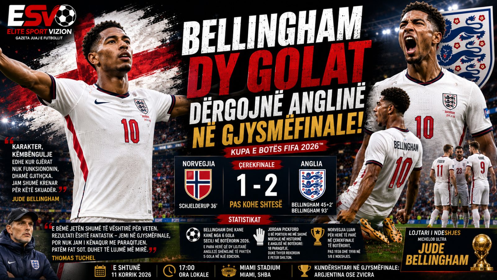 Dy golat e Jude Bellingham dërgojnë Anglinë në gjysmëfinalet e Botërorit 2026