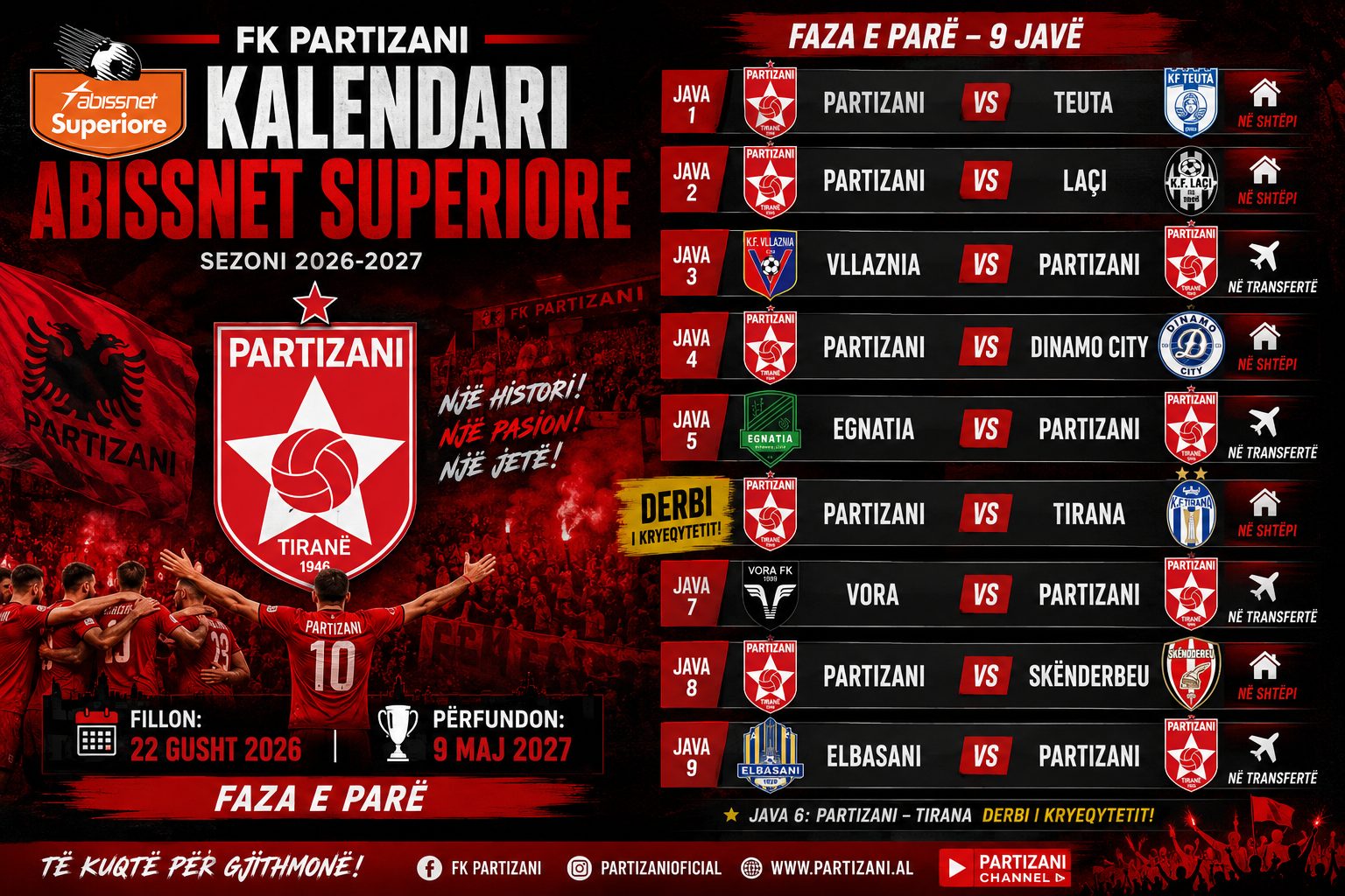Partizani mëson kalendarin e sezonit 2026/27, derbi me Tiranën në javën e gjashtë