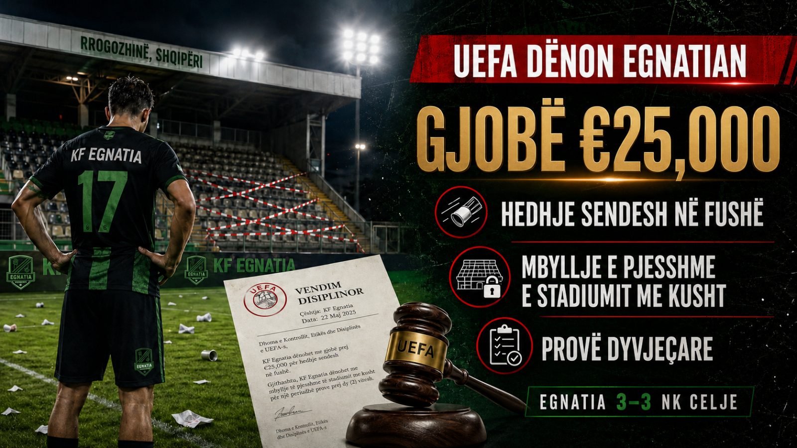 UEFA gjobit Egnatian me 25 mijë euro dhe urdhëron mbylljen e pjesshme me kusht të stadiumit