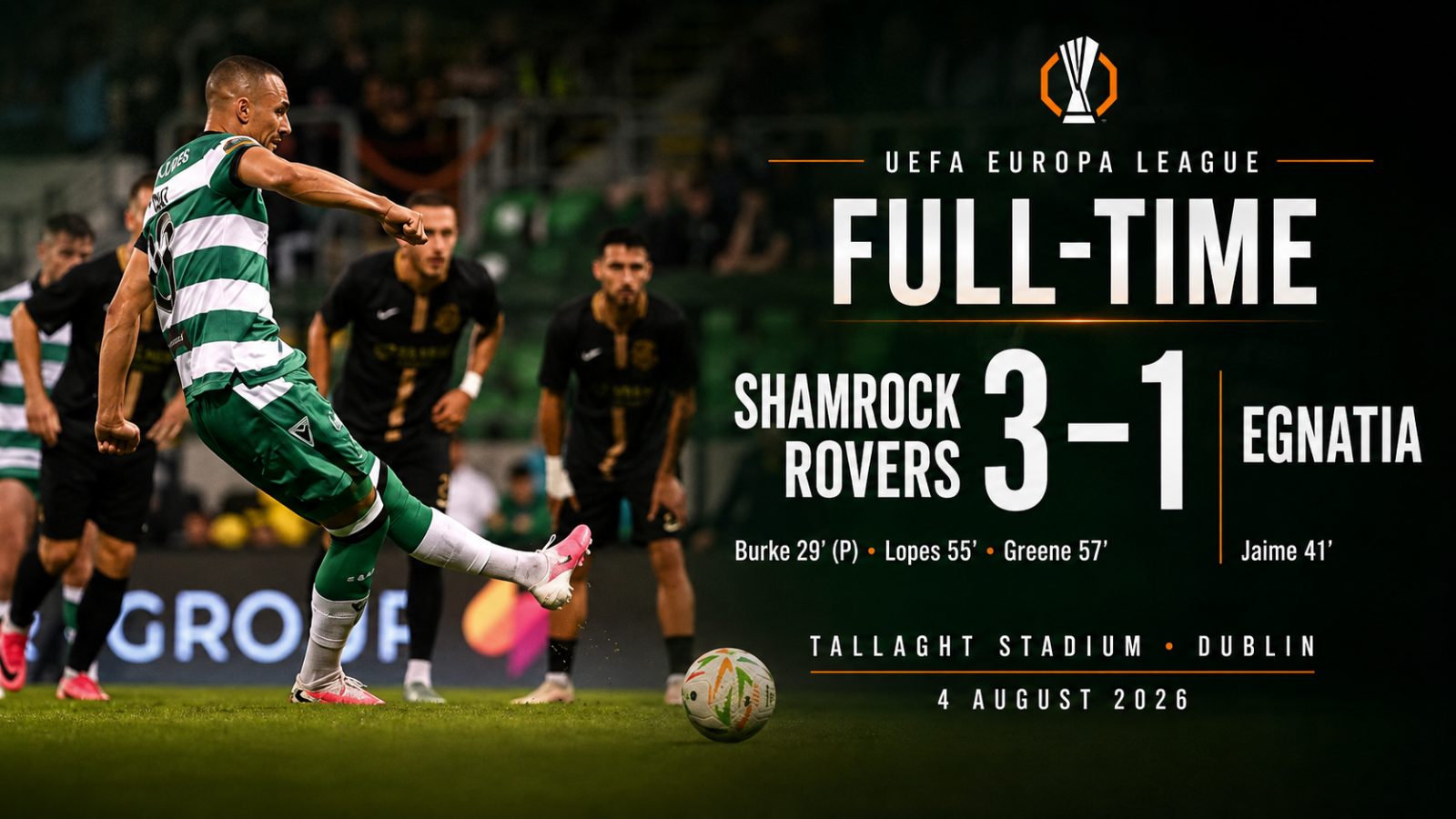 Egnatia mposhtet 3-1 në Dublin, Shamrock Rovers vendos një këmbë në fazën “play-off”