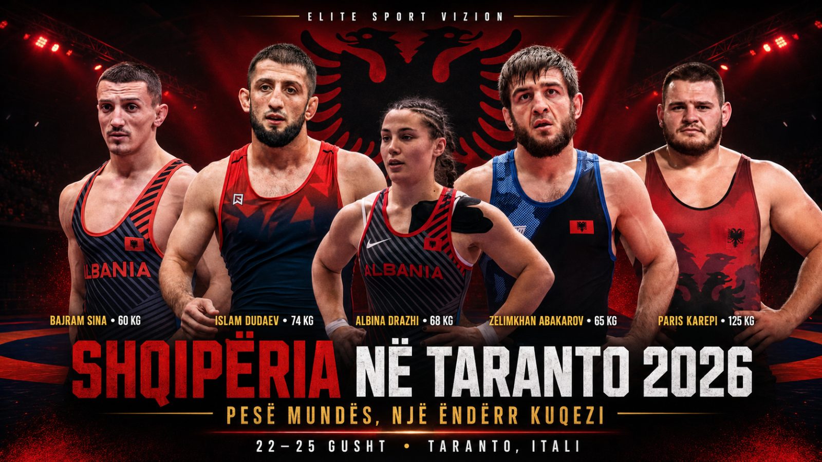 Taranto 2026: Shqipëria me pesë mundës, kampionët Dudaev dhe Abakarov udhëheqin ekipin kuqezi