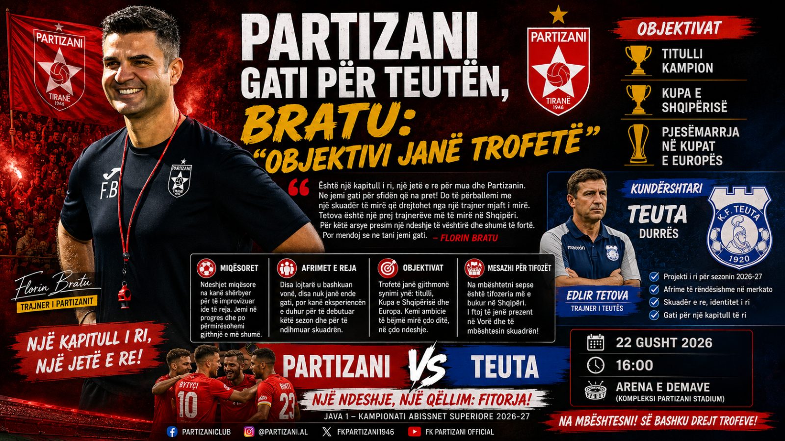 Partizani gati për Teutën, Bratu: “Objektivi janë trofetë”
