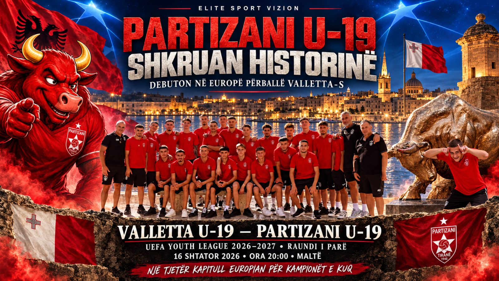 PARTIZANI U-19 SHKRUAN HISTORINË, DEBUTON NË EUROPË PËRBALLË VALLETTA-S