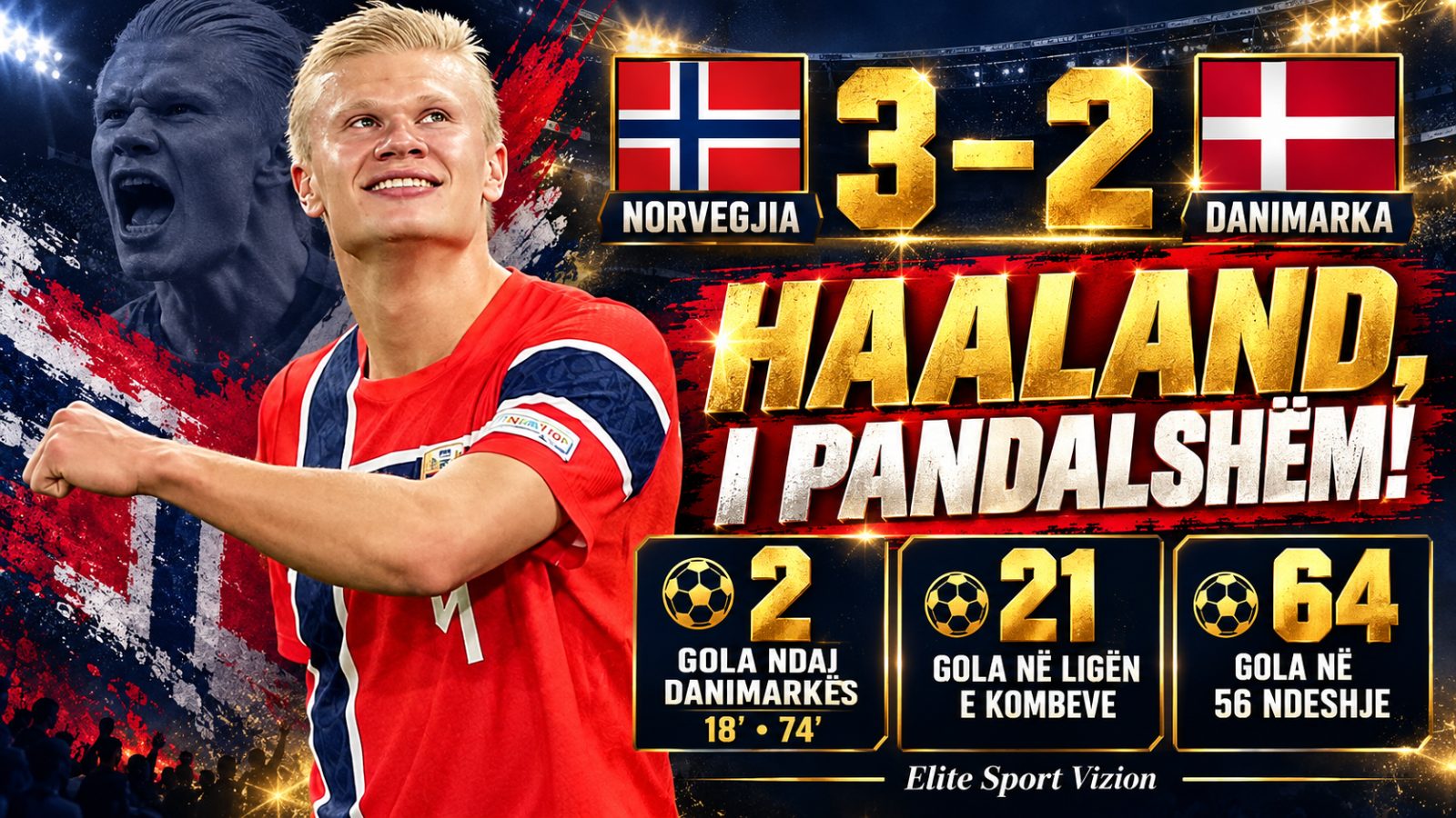 Haaland vendos rekordin, Norvegjia mposht Danimarkën 3–2 në Oslo