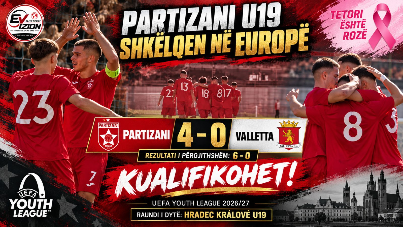 Partizani U19 shkëlqen në Europë: katër gola ndaj Vallettës, tani e pret Hradec Králové